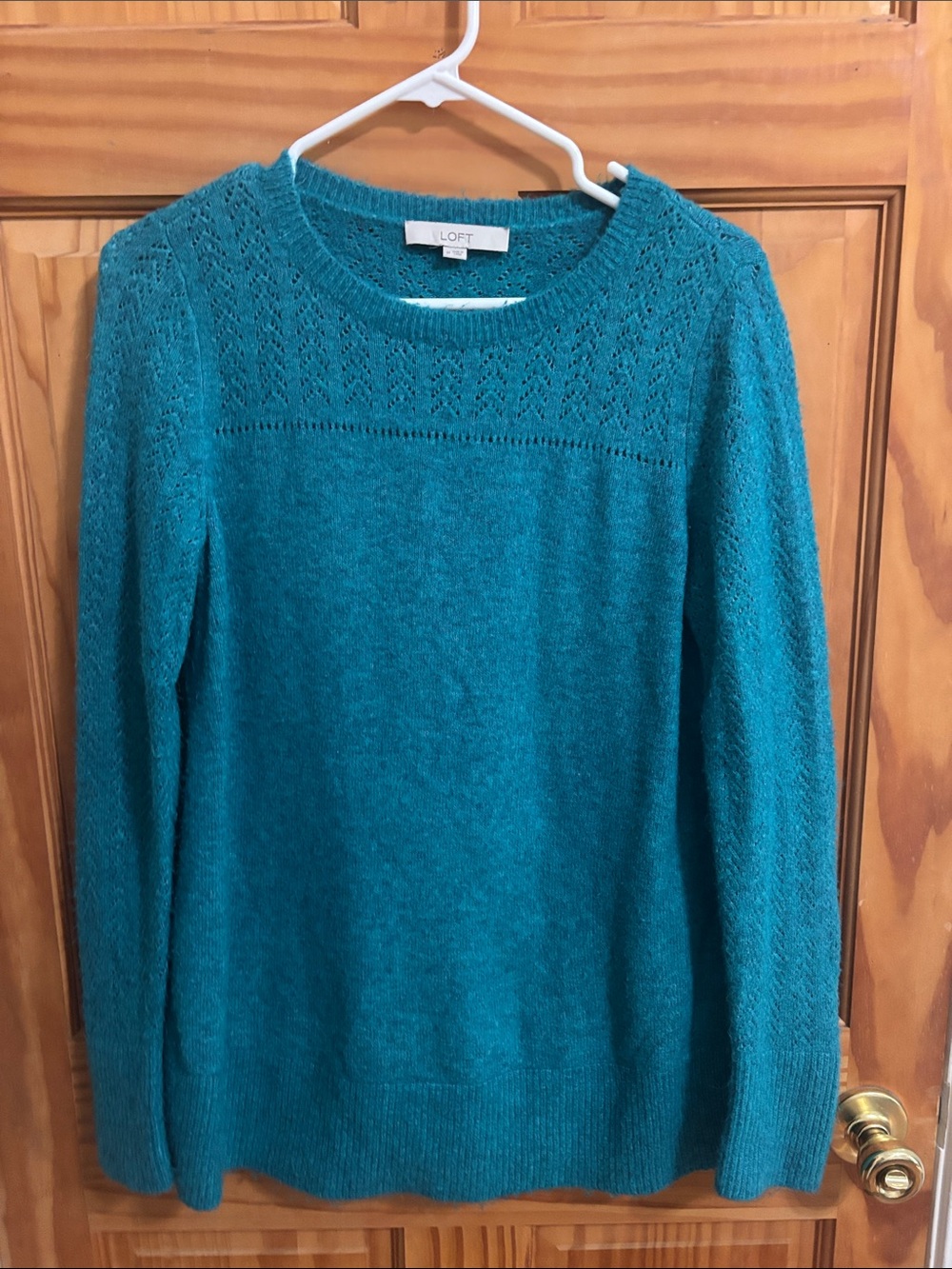 LOFT Teal Lace-Yoke Crewneck Sweater